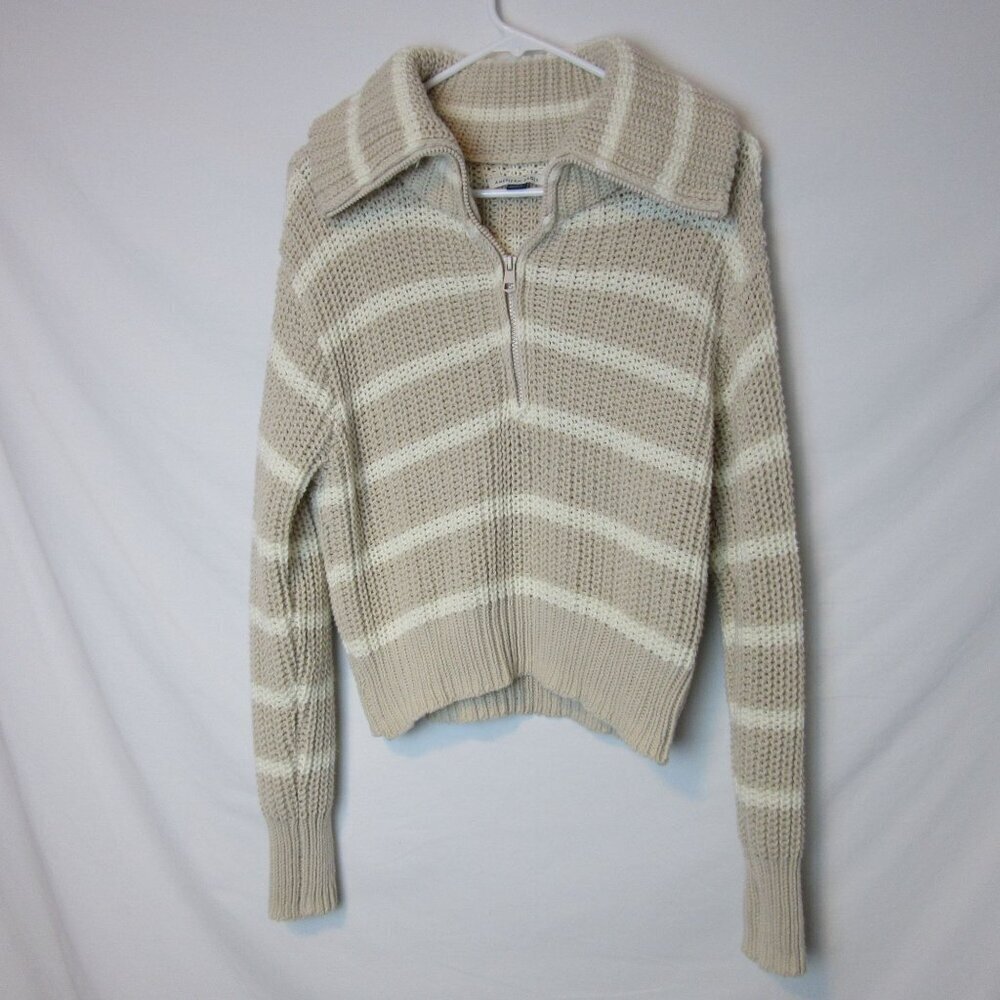 American Eagle Sweater Beige Knit 1/4 Zip Collared Striped Preppy Women's Small